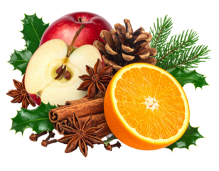 christmas decoration with orange slices, apple, pine branches and cones and cinnamon sticks isolated on transparent background