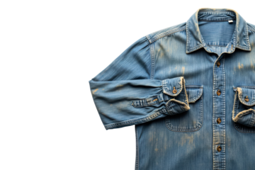Vintage blue denim work shirt with rolled-up sleeve cuff isolated on transparent background