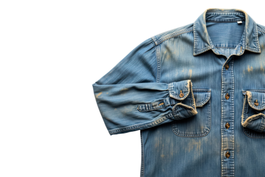 Vintage blue denim work shirt with rolled-up sleeve cuff isolated on transparent background - Powered by Adobe