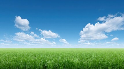 Fototapeta premium Lush Green Grass Field Under a Clear Blue Sky with Fluffy White Clouds in a Bright Daylight Scene Perfect for Nature and Landscape Photography