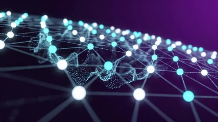 Digital network mesh with glowing cyan and white nodes connected by illuminated lines on purple background. Abstract data structure visualizes internet connectivity, blockchain protocol, cloud - Powered by Adobe