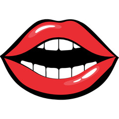 Close Up of Open Red Lips with White Teeth and Black Outline Against Transparent Background