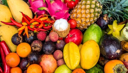 Exotic tropical fruit flat lay background. Colorful mix of dragon fruit, pineapple, mangosteen, and starfruit. Fresh organic harvest for healthy summer diet concepts.