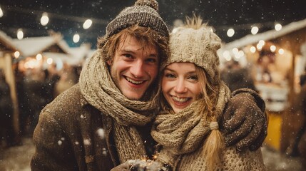 Cheerful couple winter market snow night warm clothing scarf knit hat smile lights celebration. Cheerful couple enjoys winter market snow night with warm clothing, scarf, knit hat, bright lights
