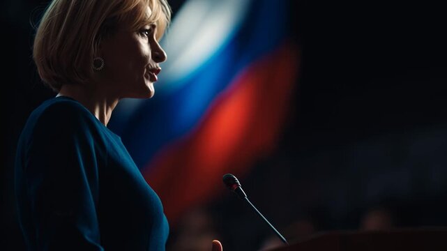 Female russian politician giving a speech with the Russian flag in the background.
