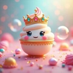 Adorable crowned cupcake character with cute face and pink frosting