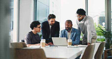 Boardroom, meeting and men with laptop, talking and collaboration for funding opportunity and...