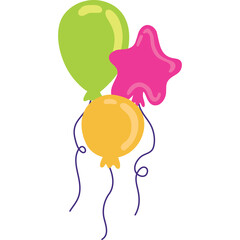 Collection of Three Party Balloons in Yellow Green and Pink Star Shape Floating Upwards with Purple Strings on a White Background