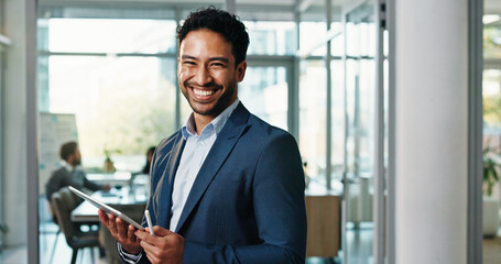 Happy, businessman and portrait with tablet in office for project management, tasks or schedule. Man, employee or coordinator with smile, technology or corporate development for career opportunity