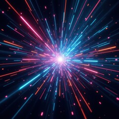 Bright neon light explosion and streaks of light in dark space