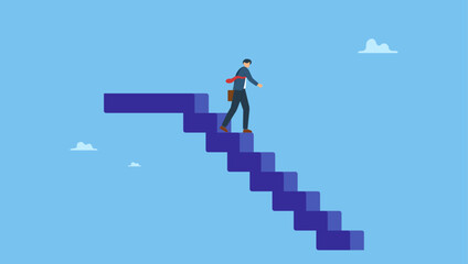 Success businessman stepping down the stair after achieve all goals in his life. Step down from CEO of company, retire from work or career. © Saklarboy