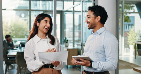 Documents, tablet and business people in office for finance review, discussion and budget planning....