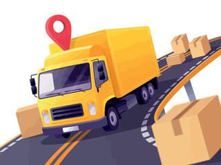 Yellow delivery truck with red location pin on a winding road with boxes