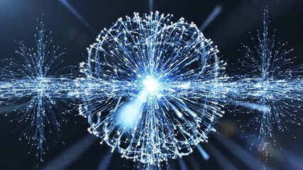 Blue and white data burst radiates from bright center with particle explosion effect. Digital network transmission visualizes speed information flow, fiber optic communication, cyber connectivity