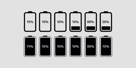 Set of battery charge level indicators showing different percentages