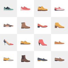 Collection of diverse footwear styles arranged in a grid pattern
