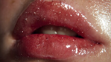Obraz premium Close-up of a person's lips covered in a shimmering, glittery lip gloss.