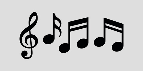 Simple black musical notes and treble clef on a gray background