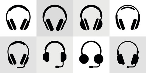 Collection of eight diverse black and white headphone icons