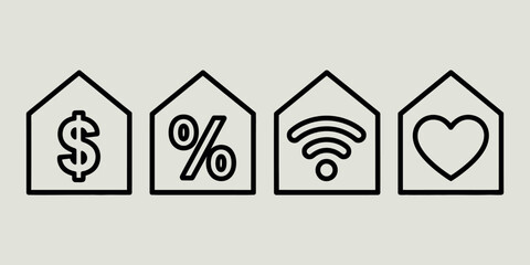 Four stylized houses with symbols for money percentage wifi and heart