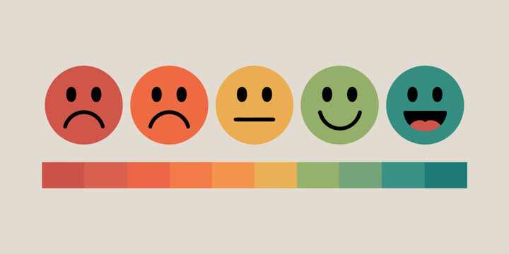 Five cartoon faces showing a spectrum of emotions from sad to happy