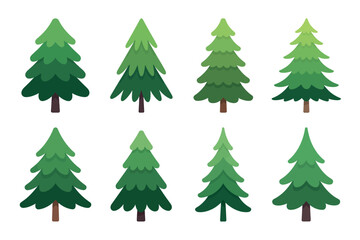 Collection of stylized green christmas trees with brown trunks