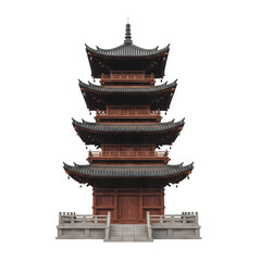 Fototapeta premium Ancient Wooden Pagoda Tower With Multi Tiered Roof And Stone Steps In Natural Lighting Isolated On Black Background