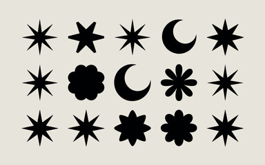 Collection of black celestial and floral silhouettes on beige background