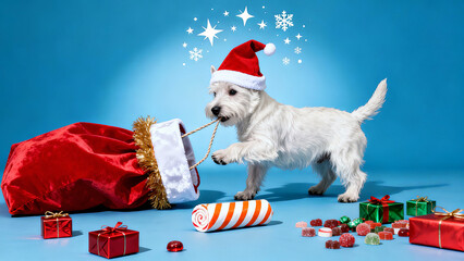 Small white dog in a New Year's hat near a bag of gifts on a blue background