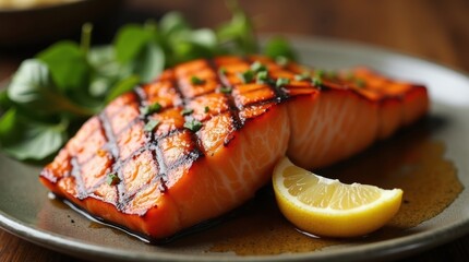 Delicious grilled salmon fillet with lemon and greens