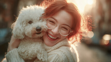 Happy woman celebrate International Dog Day with their fluffy dog, highlighting love, joy, and the global celebration of pet.