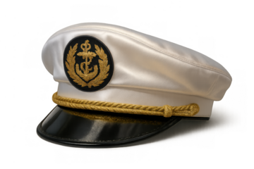 Captain's hat with nautical emblem and gold rope detail, symbolizing leadership, seafaring, and maritime travel