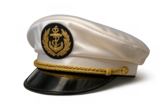 Captain's hat with nautical emblem and gold rope detail, symbolizing leadership, seafaring, and maritime travel
