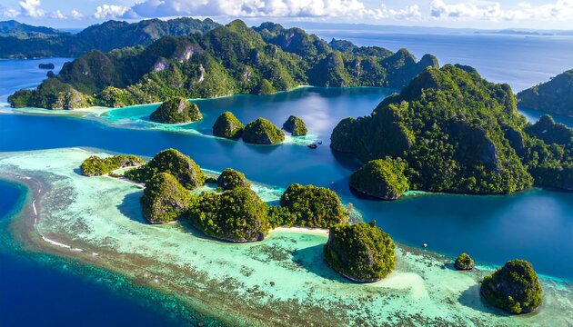 Aerial view showcases tropical islands & turquoise waters. Lush green vegetation carpets the rocky terrain, creating a stunning seascape