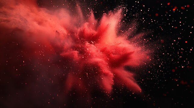A mesmerizing explosion of red powder creates a striking and energetic visual against a dark background