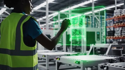 Warehouse worker interacting with holographic interface projection. Industrial logistics automation, digital inventory management system, augmented reality technology, futuristic supply chain - Powered by Adobe