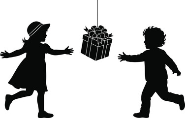 Children silhouette running towards festive gift box, holiday celebration, joyful kids, party excitement, birthday present, happiness, family fun, surprise moment