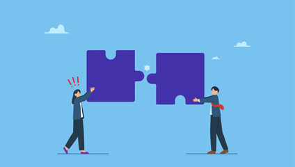 Confused business people putting mismatch or wrong jigsaw puzzle together. Mismatch or mistake, wrong business decision or failure of incorrect solution, mismanagement or invalid choice.