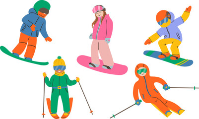 Set of colorful skiers and snowboarding in different dynamic poses on white background. Vector illustration hand drawn flat for social media , web , banner and card design .