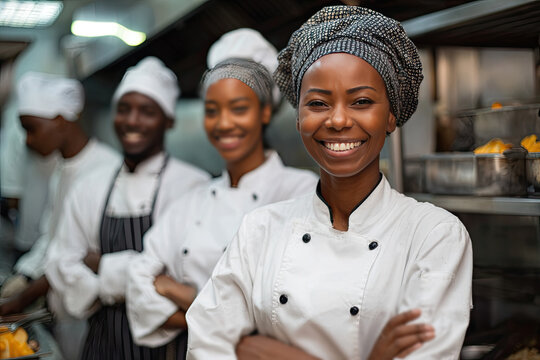 
Smiling african female bakers looking at camera..Chefs baker in a chef dress and hat, cooking together in kitchen.Team of professional cooks in uniform preparing meals for a restaurant in kitchen.