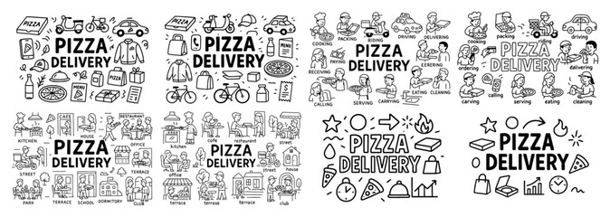 Pizza delivery icons and activities collage