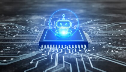 Conceptual image of an AI bot, inside the processor, a symbol of advanced artificial intelligence and technological progress.
