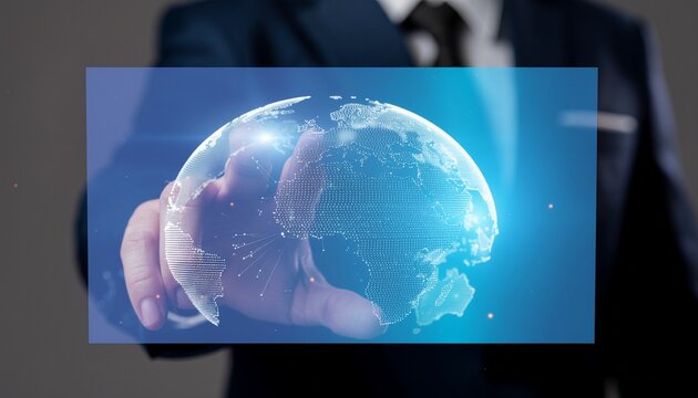 Business executive showcasing a digital representation of the world, emphasizing global connectivity and innovation