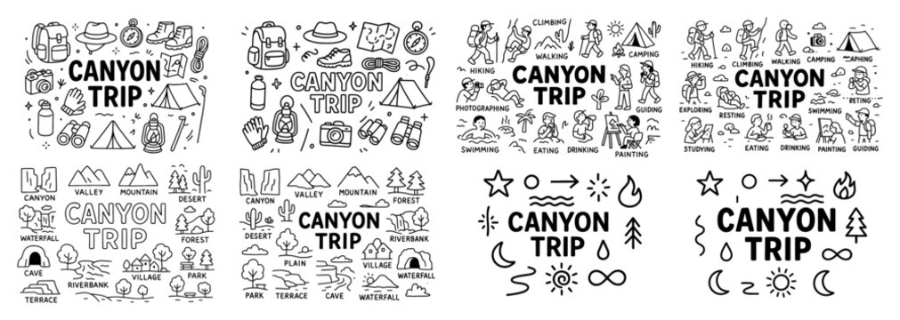 Canyon trip adventure icons and activities