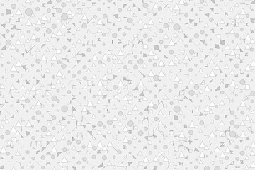 A seamless abstract background pattern composed of scattered small geometric shapes like circles, triangles, and diamonds in various shades of light gray and white, offering a subtle, minimalist