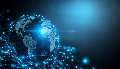 Fototapeta premium Abstract digital world, the globe surrounded by connected data points and lines. Conceptual graphic showing worldwide connection. The picture shows a digital globe on a dark blue background