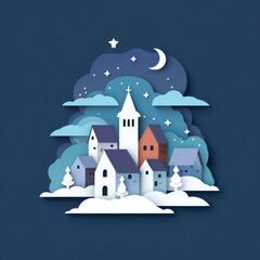 Stylized village at night with crescent moon stars clouds and a central church Transparent