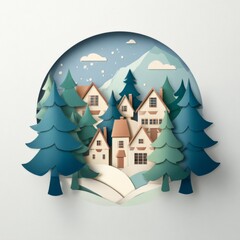 Winter scene with paper cut style houses and evergreen trees set against a mountain backdrop