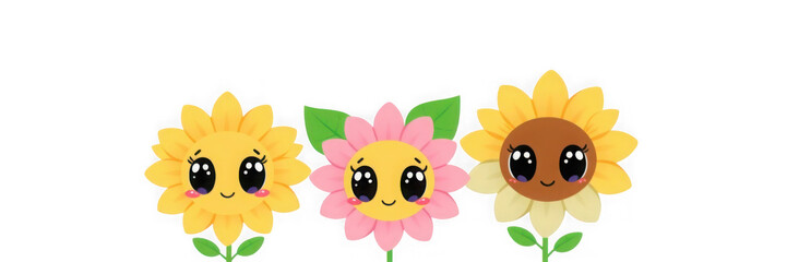 Obraz premium Three adorable cartoon flowers with expressive eyes and cheerful faces.