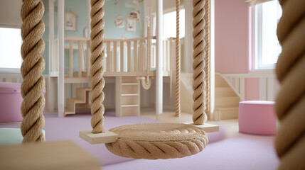 Ai indoor playroom features swinging rope seat in bright, colorful design with wooden climbing structures